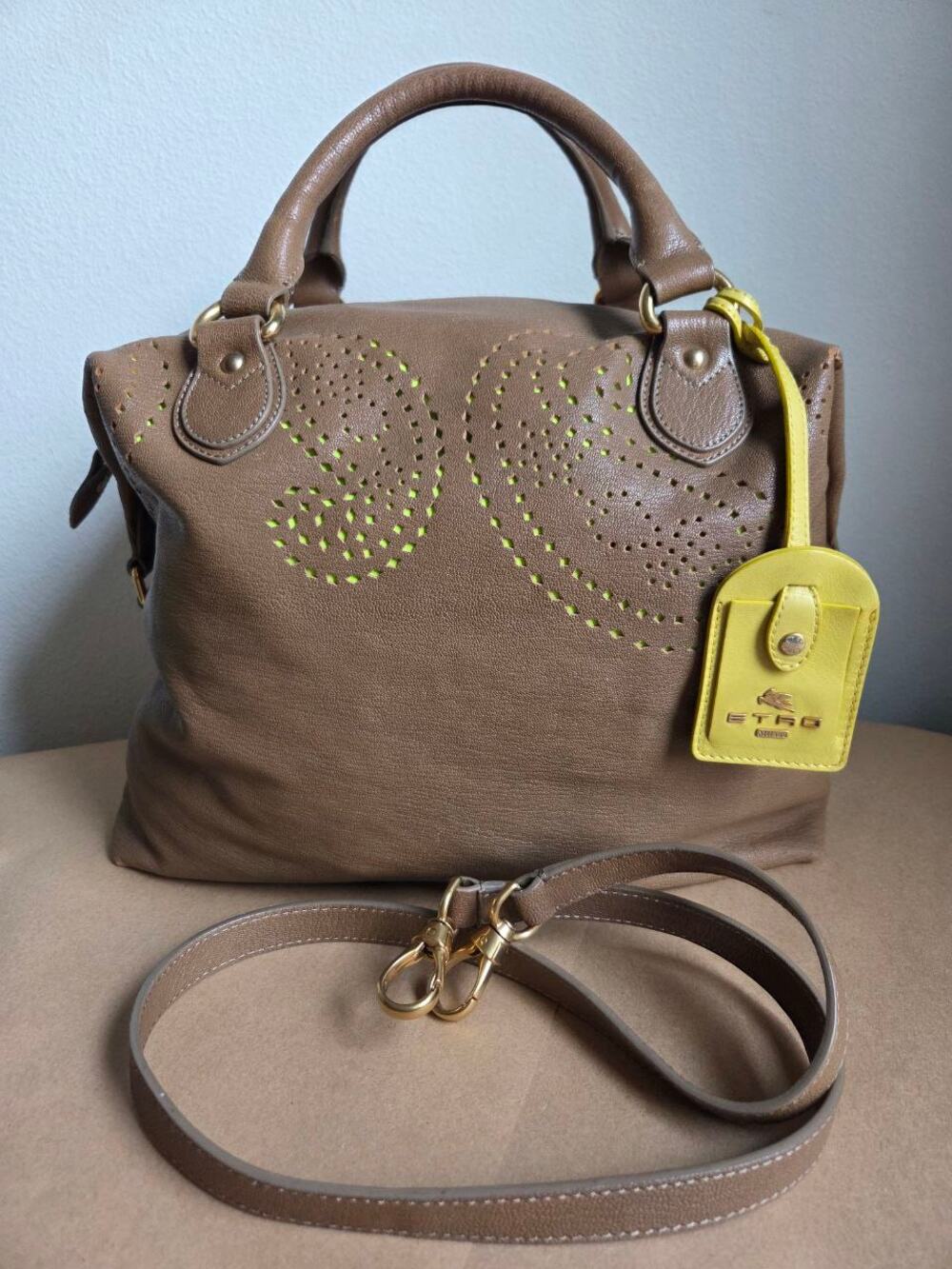 Etro Satchel Shoulder Bag Paisley Perforated Soft Leather Tan Brown Adjustable
